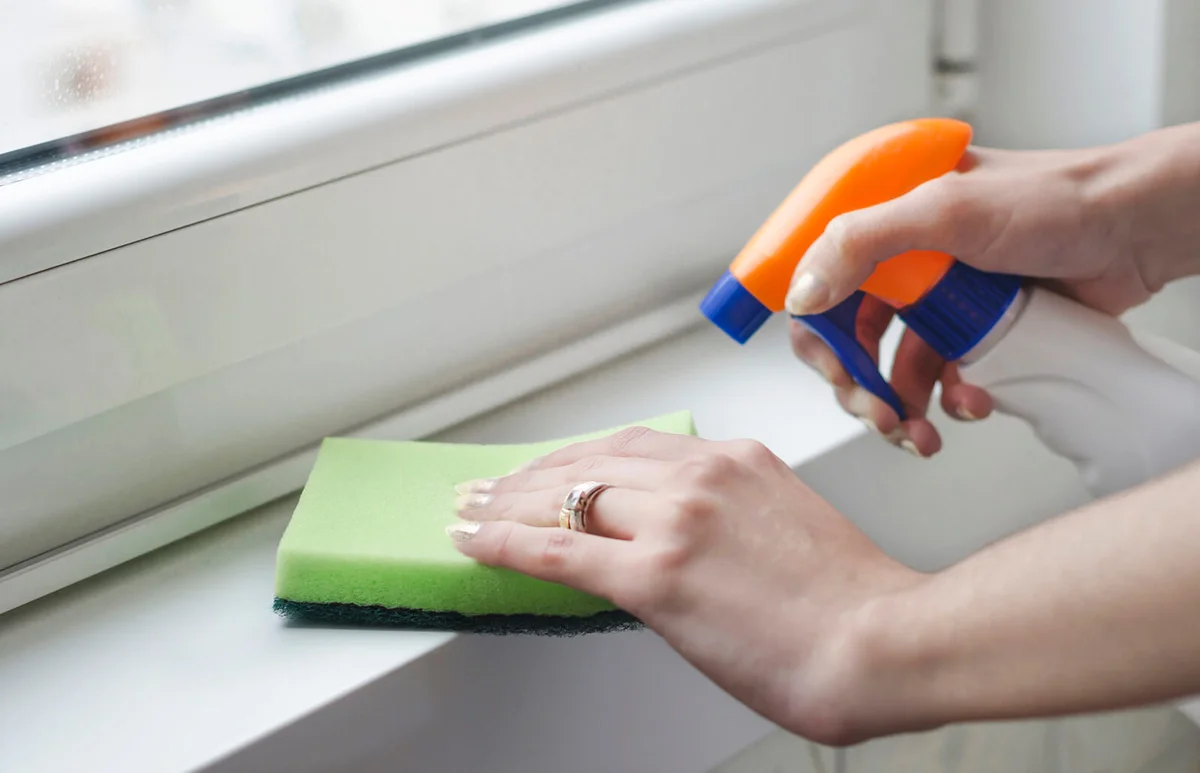 Woman cleaning window sill