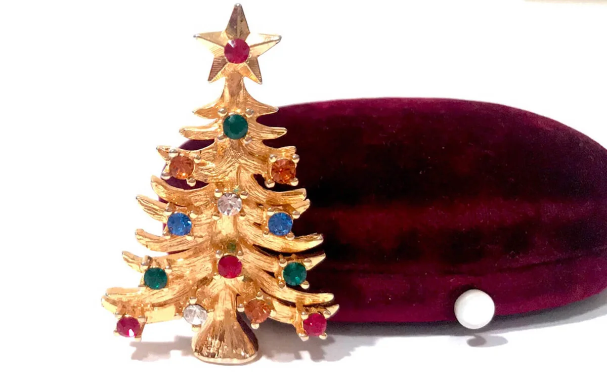 Eisenberg Ice Christmas Brooch, Rhinestone Christmas Tree Pin, Multi Color Jewel Tones, Gold Tone Metal, Vintage 1970s Holiday Jewelry