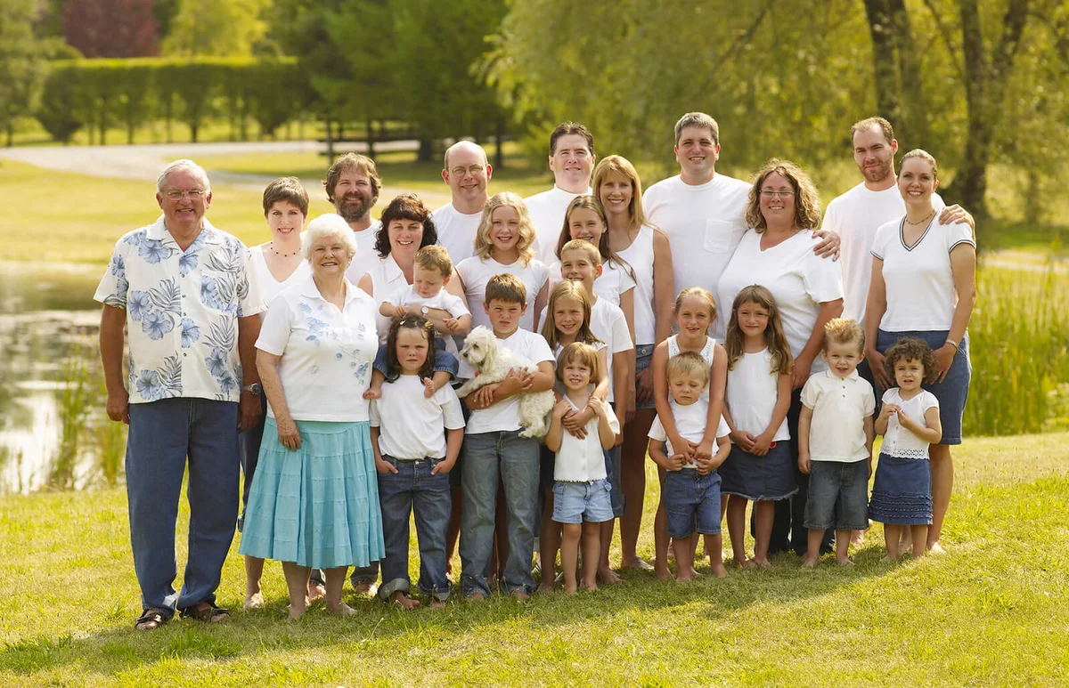 Large family standing outdoors