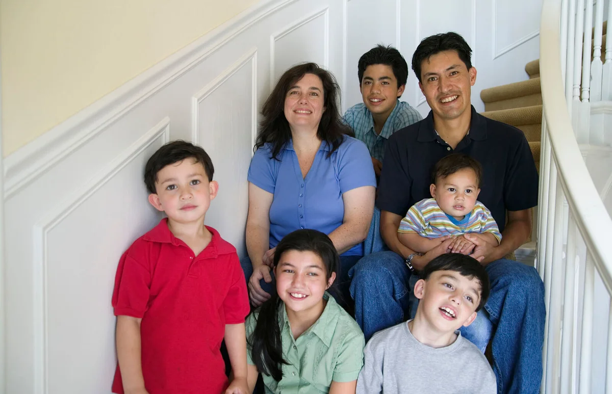 Portrait of a family sitting on a staircase