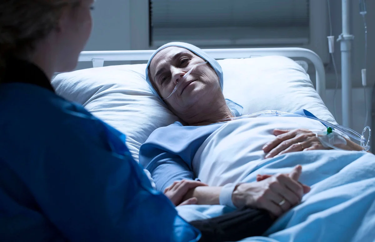 Family member taking care about sick woman with leukemia