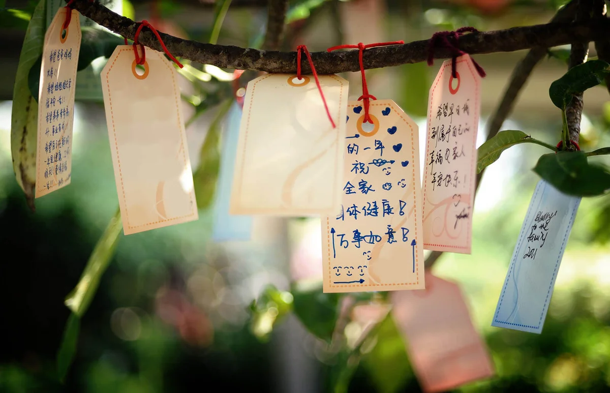 Chinese handwritten wishes on tags handing from a tree