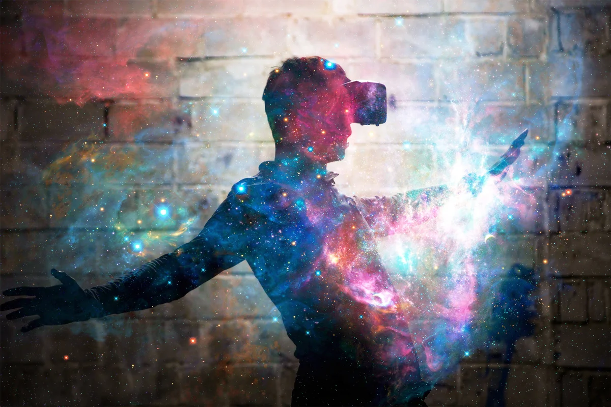 Startled guy interact with virtual reality