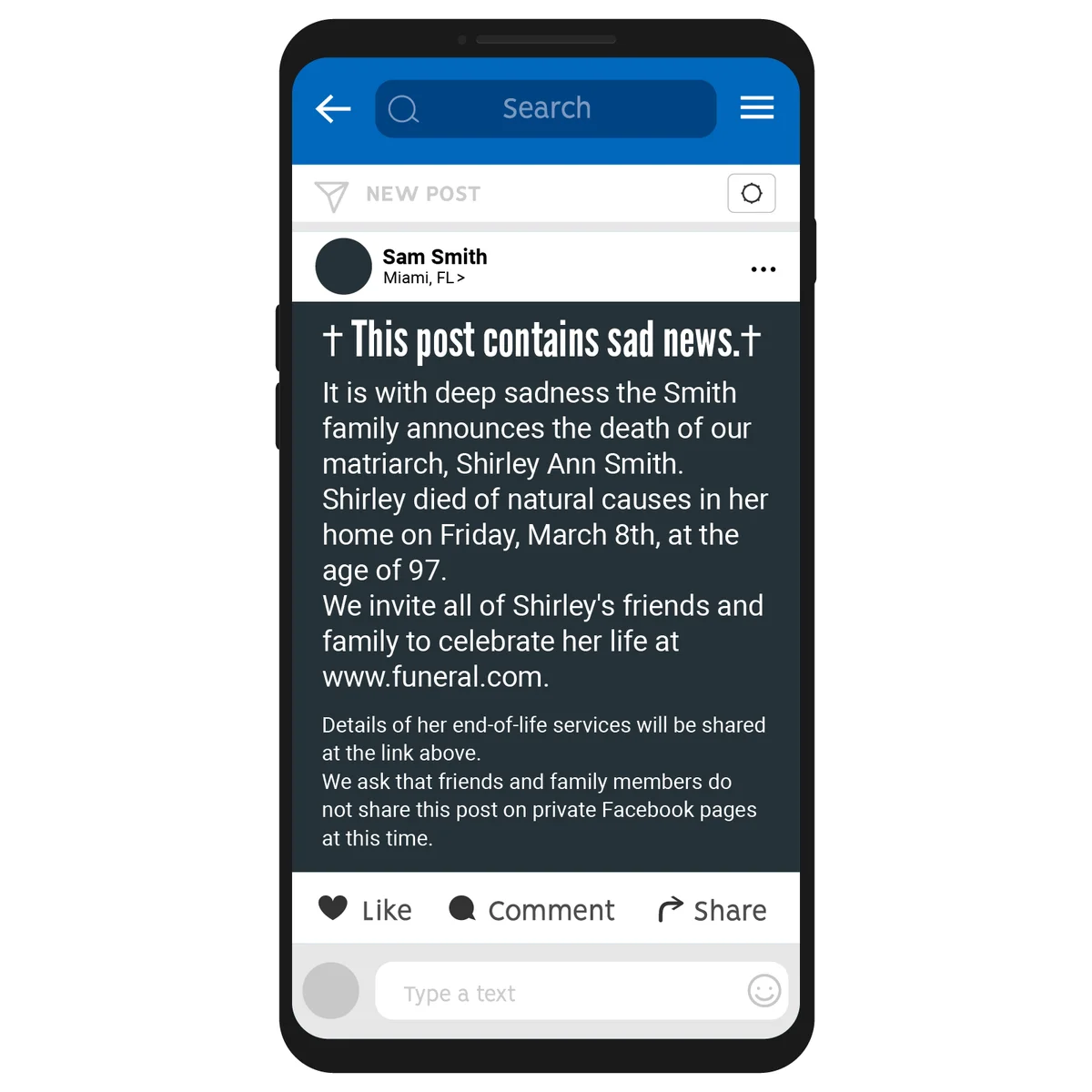 Death announcement on Facebook example