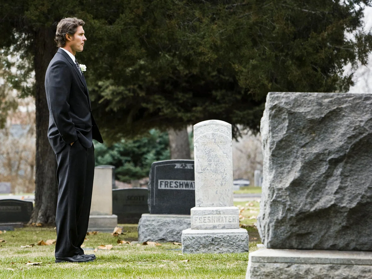 man in a suit at a cemetery