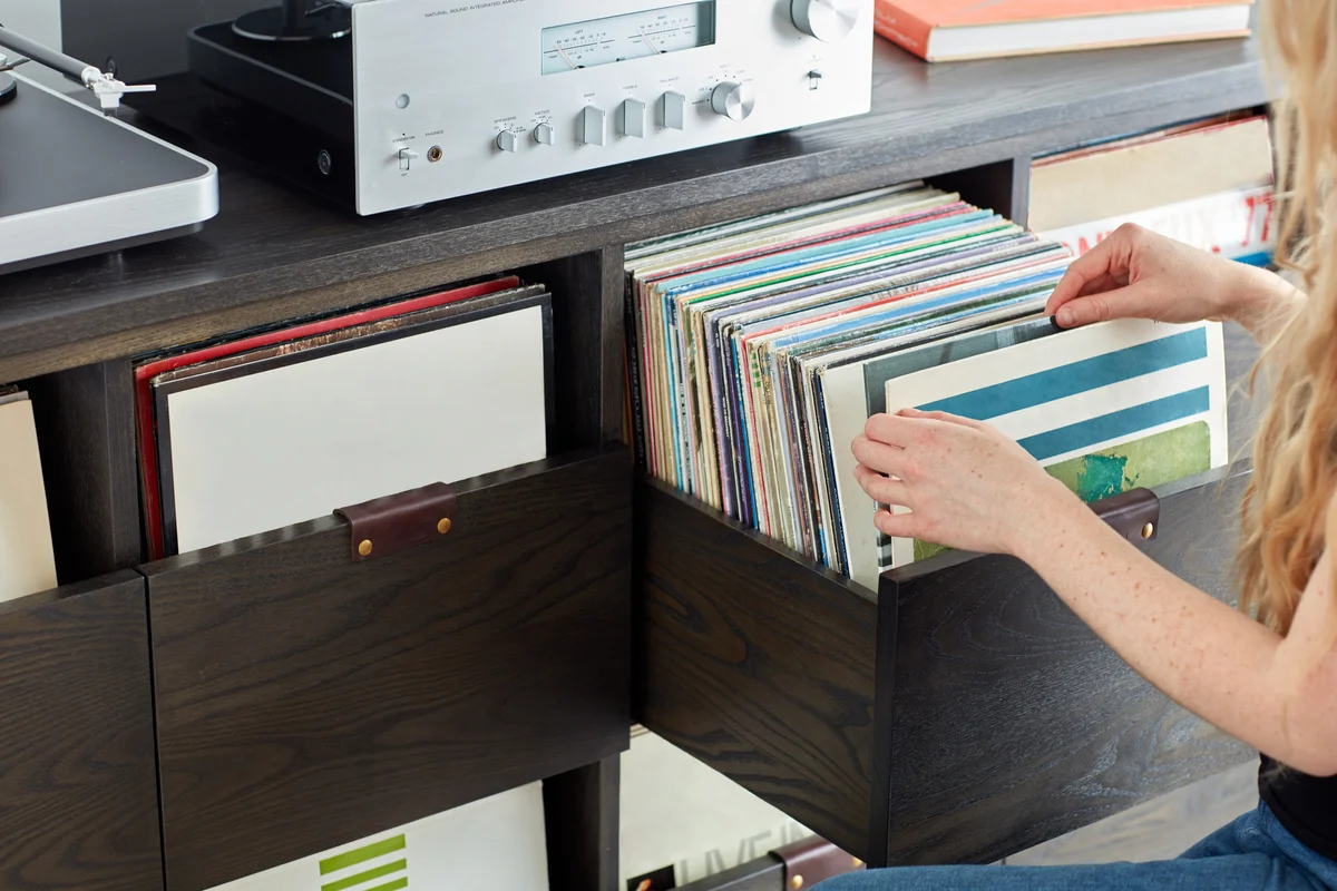 slide out bins for record storage
