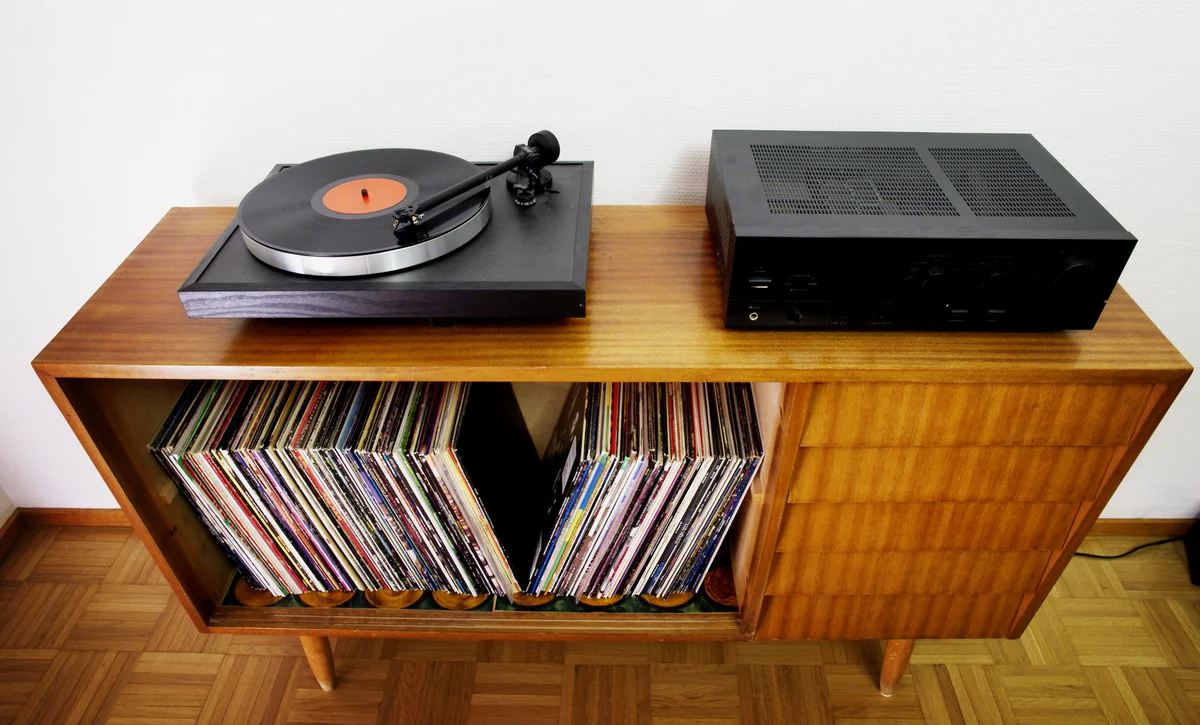 vintage furniture being used for storing records