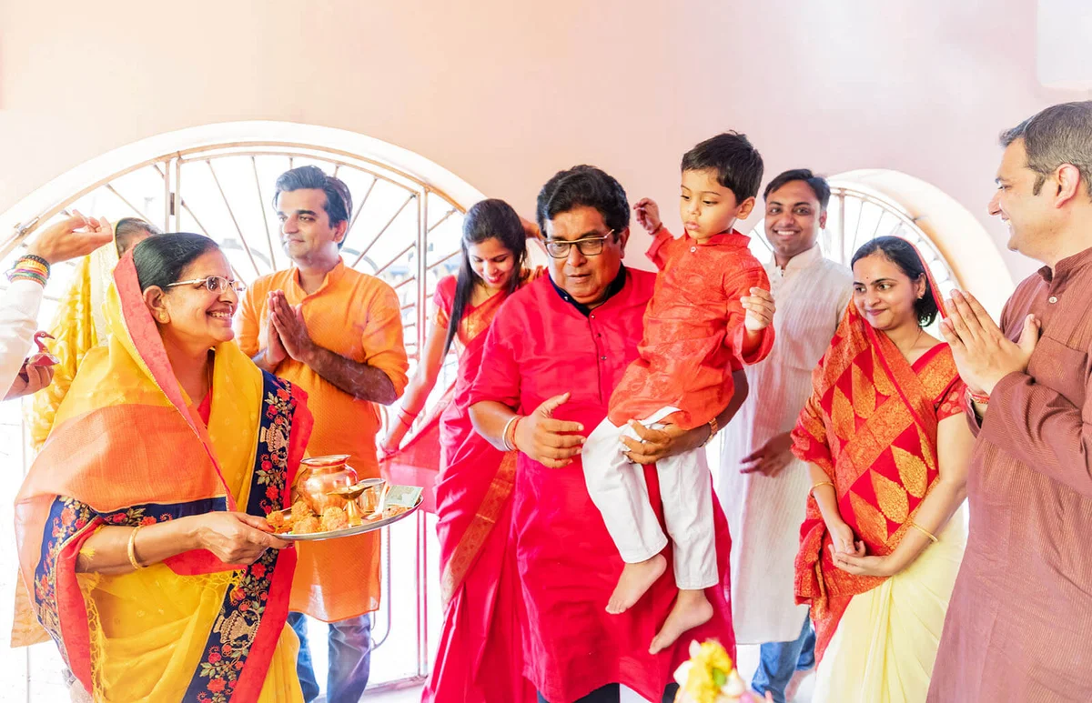 Multi-Generation Hindu Family Visiting a Temple