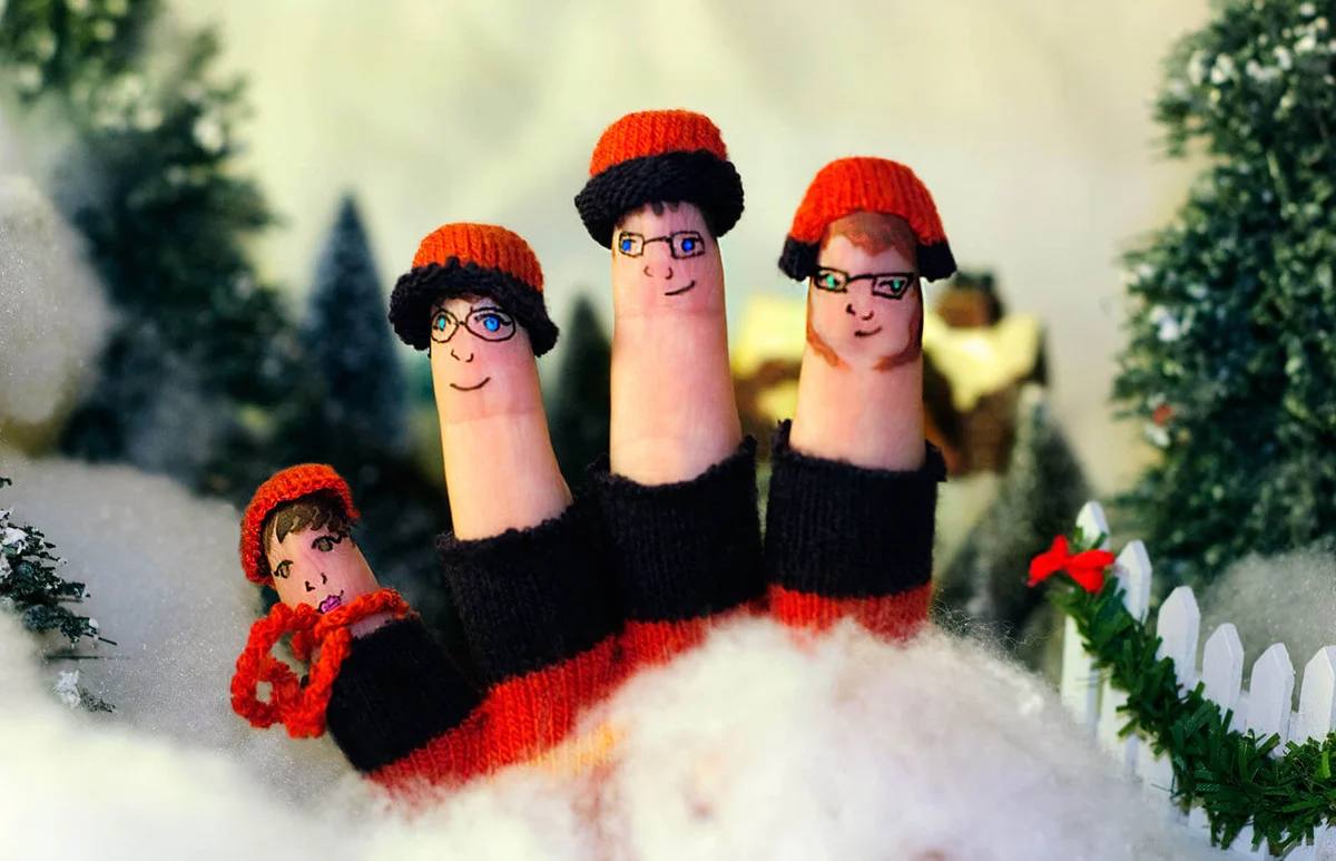 Finger puppets posing outside for Christmas