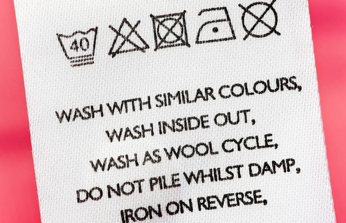 Washing instructions on clothes label