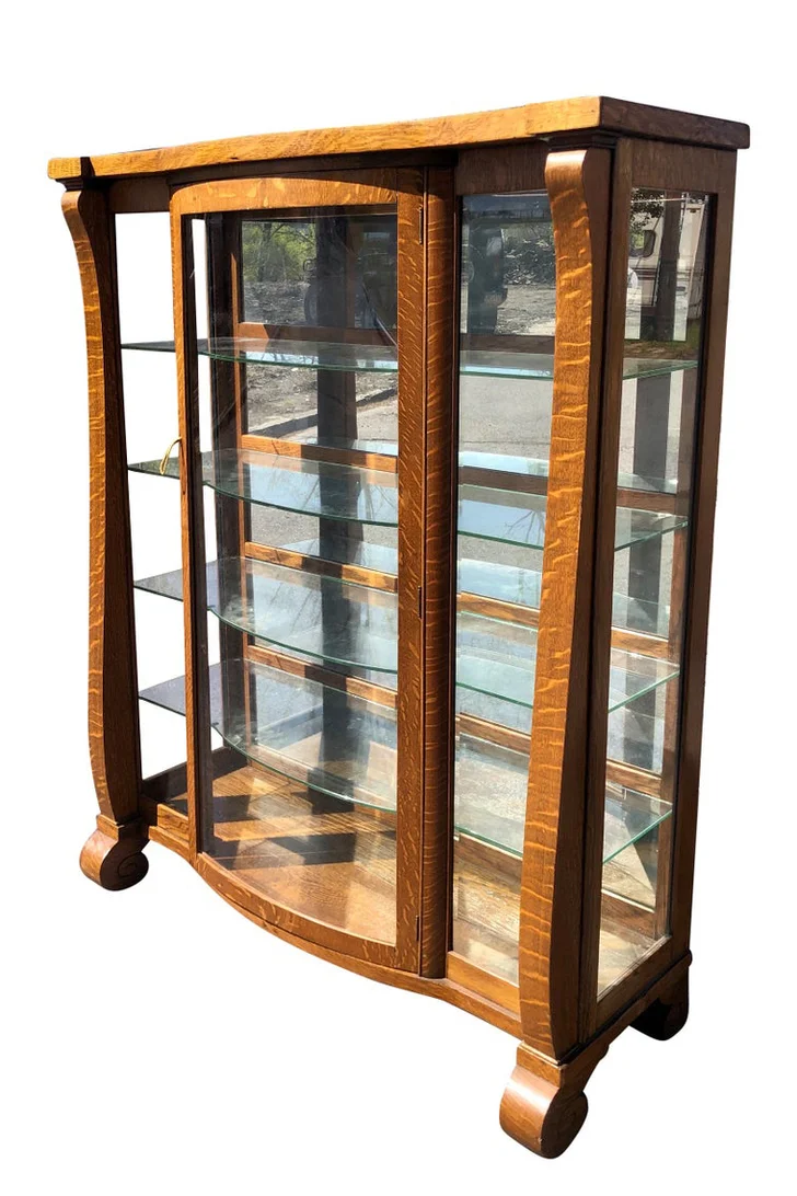 Antique American Empire Quartersawn Oak Mirrored Curio Cabinet Bookcase