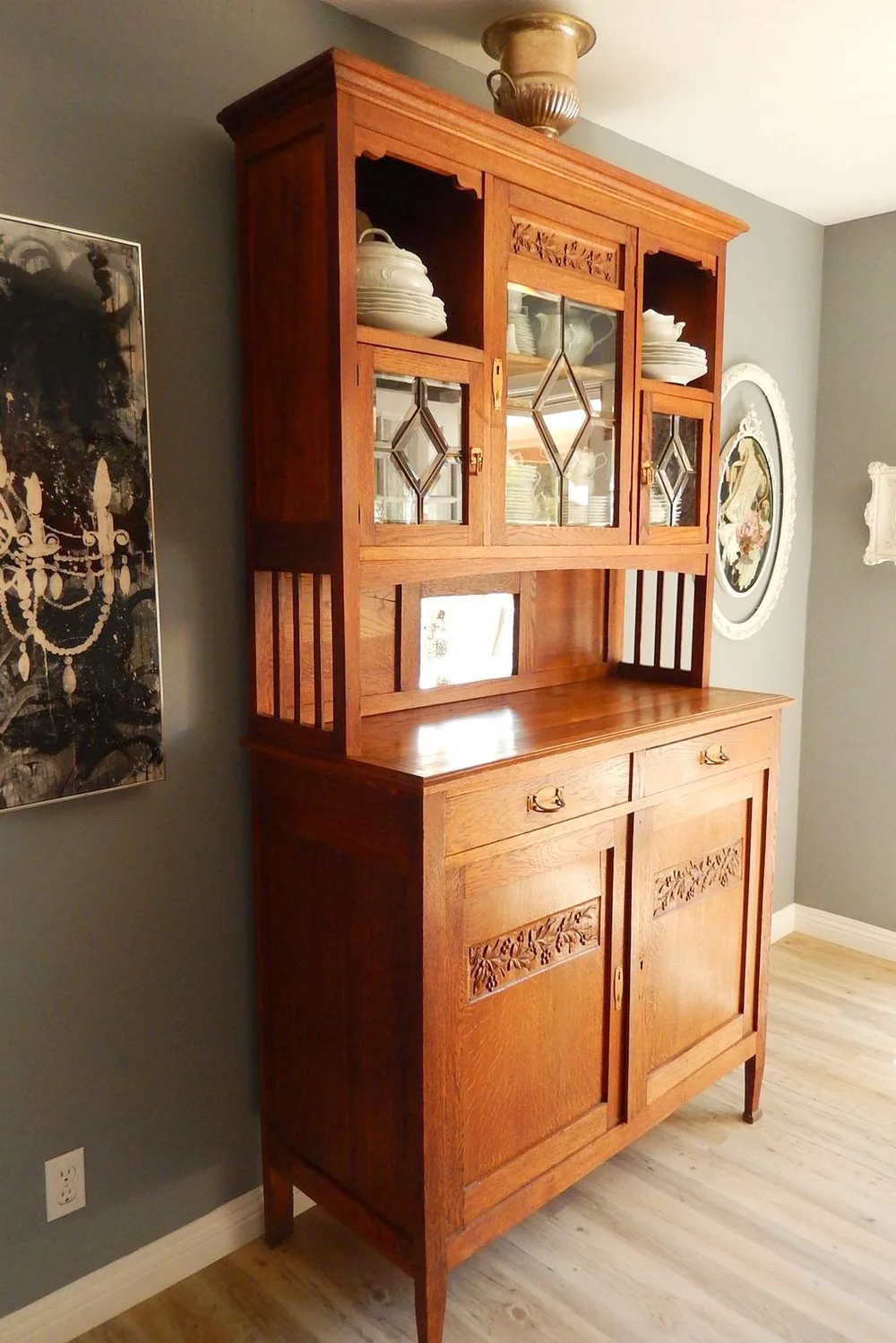 Antique Arts & Craft Hutch Cabinet - Farmhouse Oak Cupboard