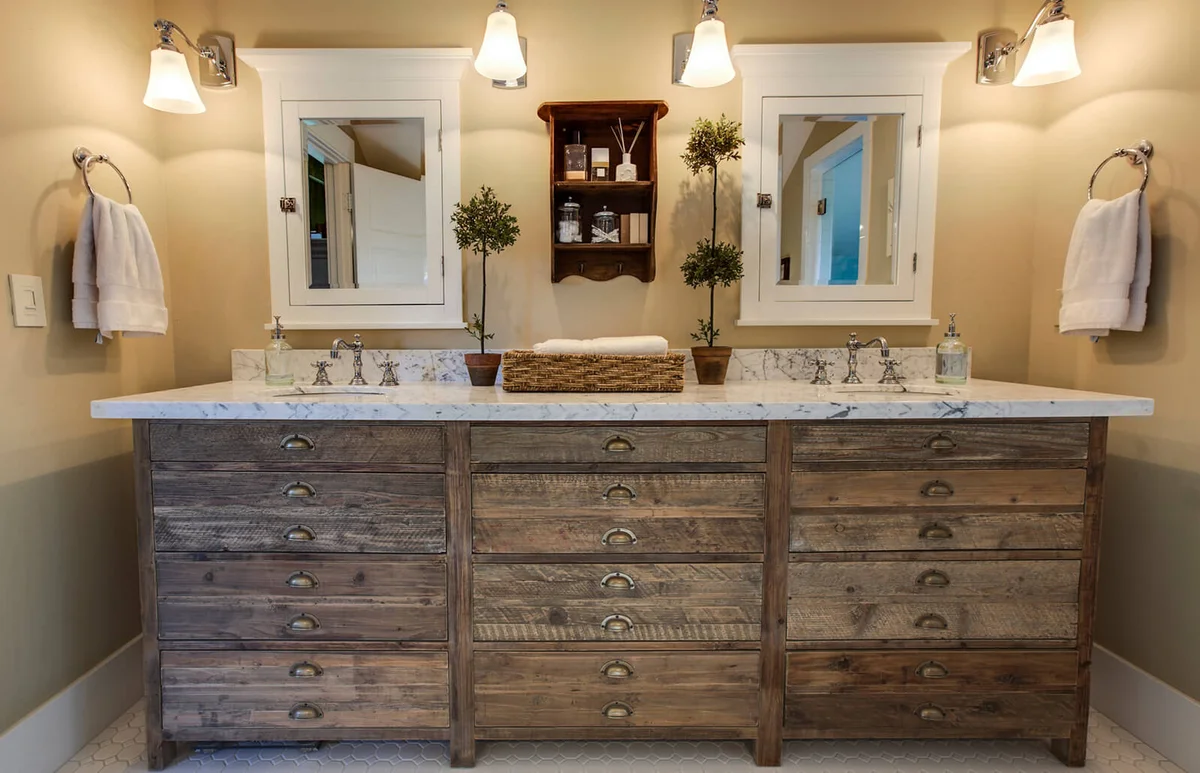antique rustic cabinet in bathroom