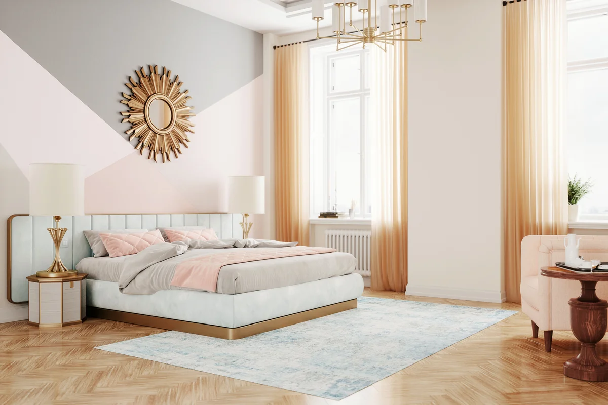 Interior of a luxury retro style bedroom in pink color