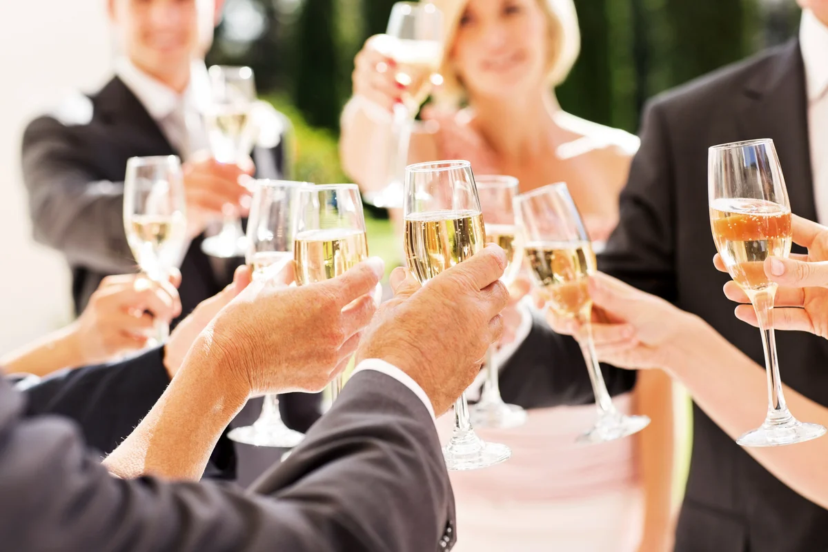 Guests And Couple Toasting Champagne Flutes At Reception