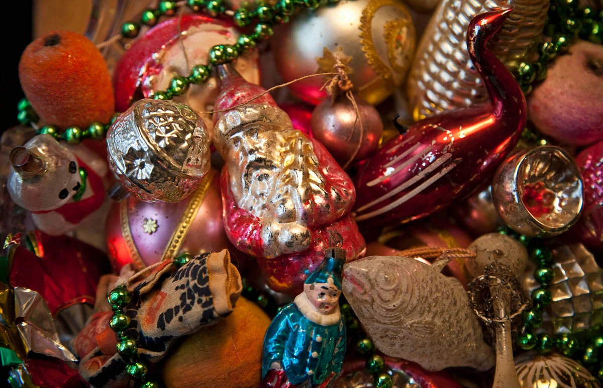 Bowl of antique Christmas ornaments