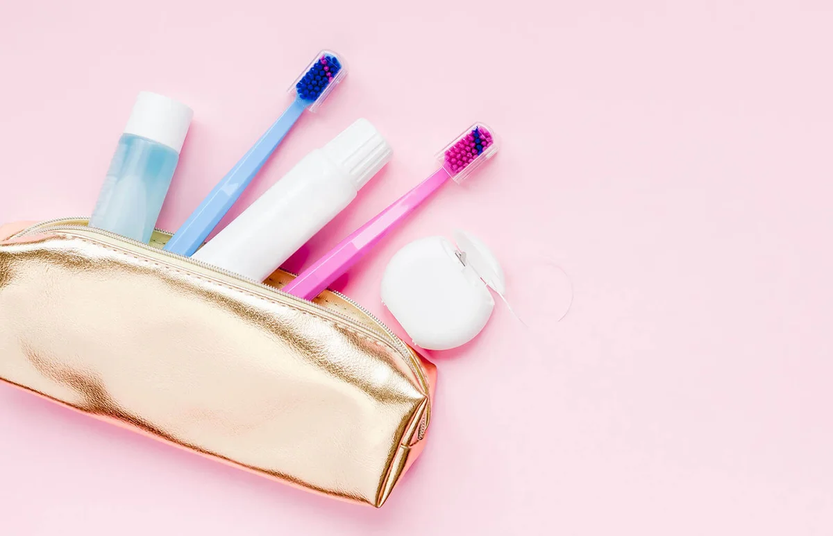 Teeth hygiene and oral care products flatlay