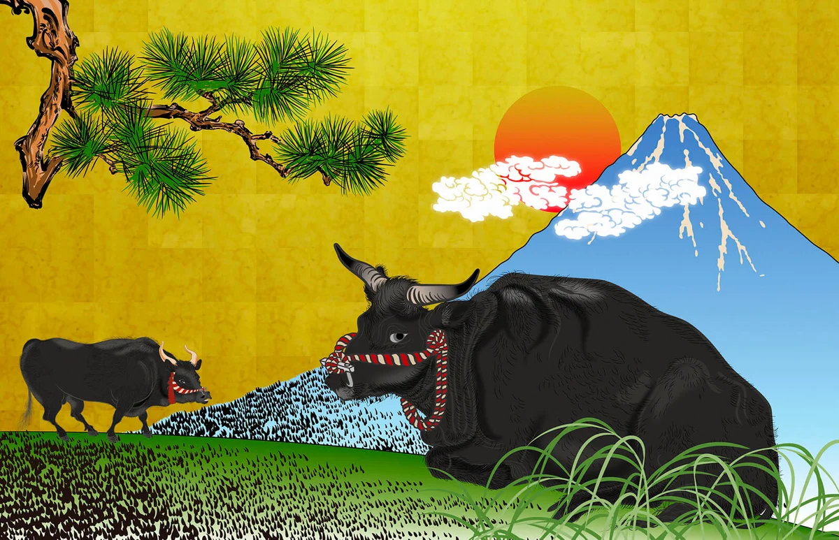 Japanese ox with Mt. Fuji, illustration