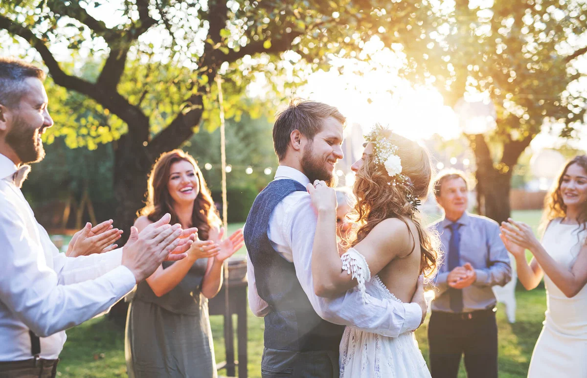Bride and groom dancing at wedding reception