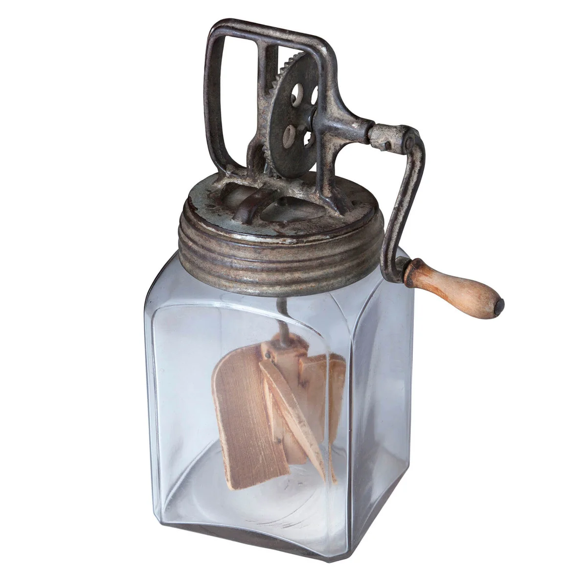 Antique glass butter churn with crank handle and wooden paddles