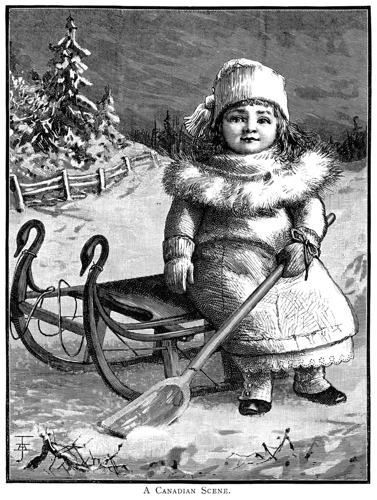 Canadian winter scene with small girl, sledge and snow shovel