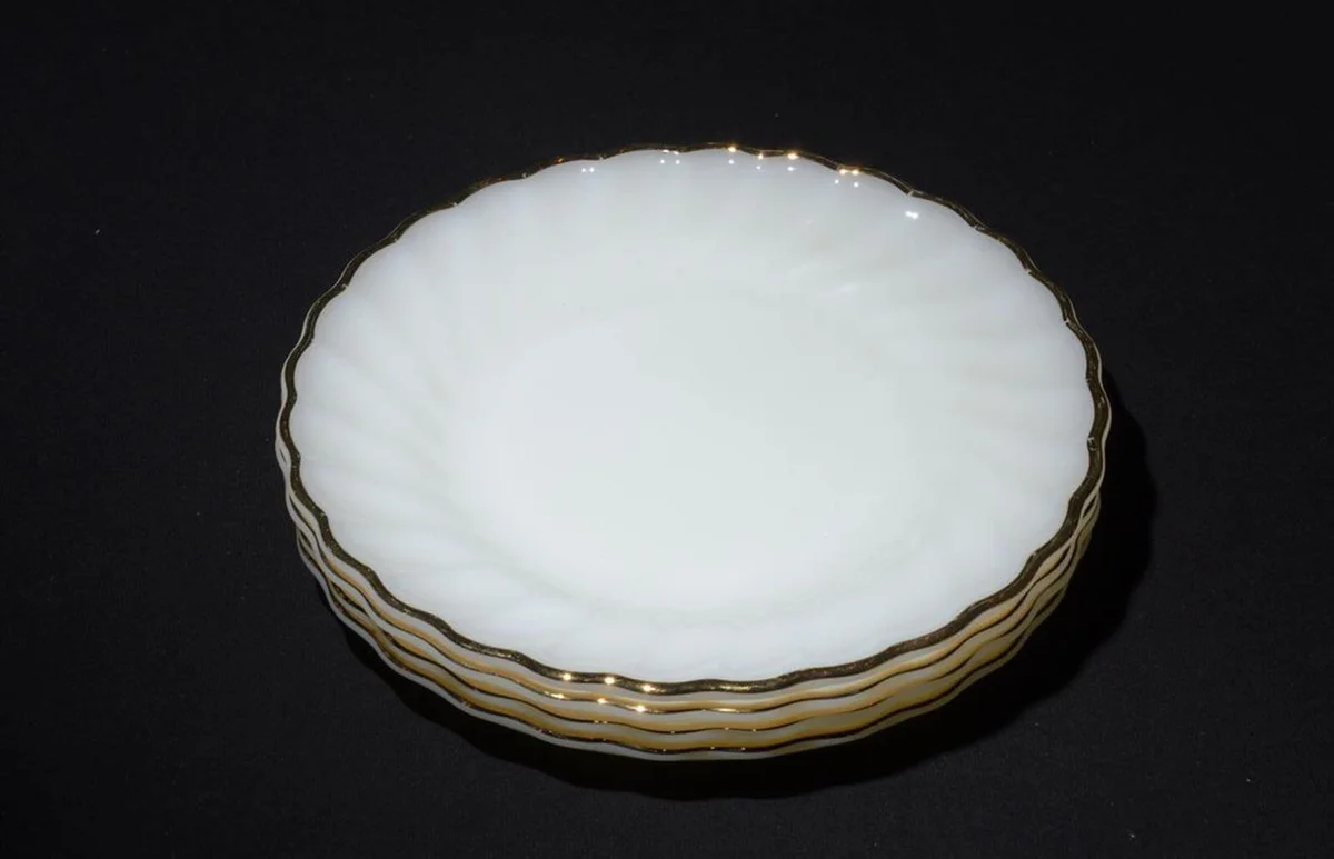 FIRE KING, Golden Shell, set of 4, dessert, plate, butter,bread,off-white, 22K, gold rim, 7", Anchor Hocking, milk glass, swirled edges