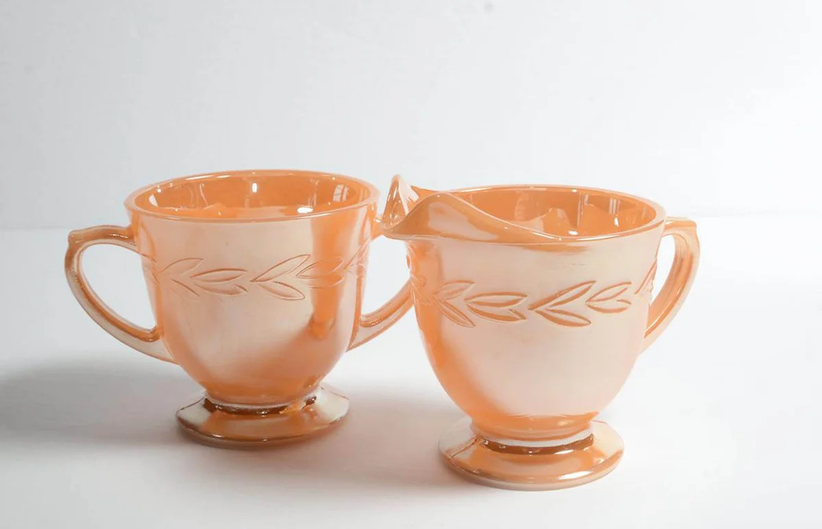 FIRE KING, Creamer and Sugar Bowl, Peach luster, Laurel Leaf, 1950s, Anchor Hocking, Peach lustre, cream and sugar, set