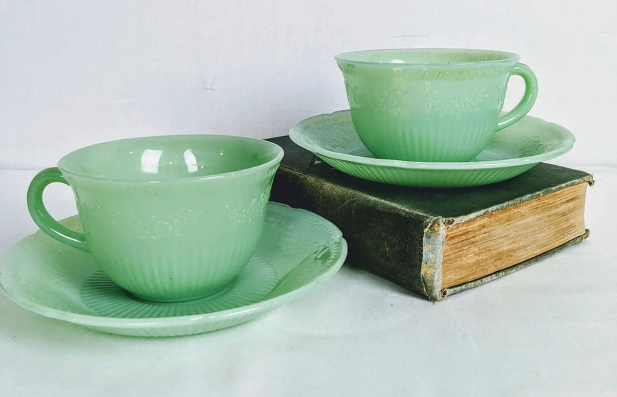 Vintage Jadeite Cup and Saucer Pair by Anchor Hocking Alice Pattern