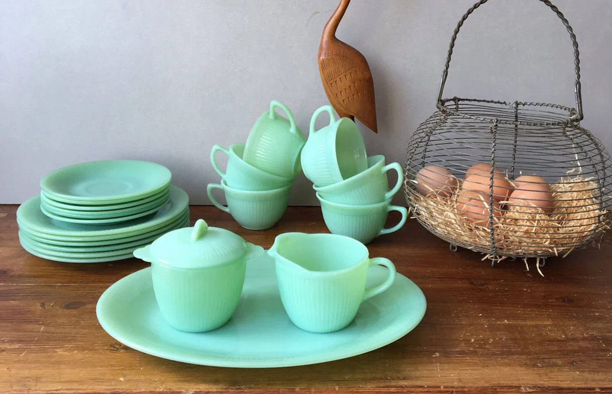 Fire King Jane Ray Jadeite, Creamer and Sugar Bowl, Vintage Green Milk Glass, Fire King Glassware, Foil Label Sticker.