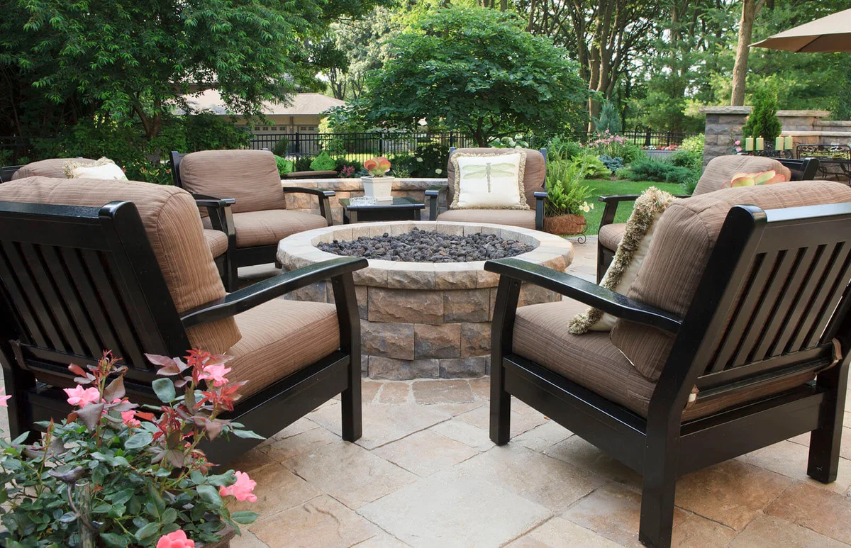 Above-ground fire pit on a beautiful stone patio
