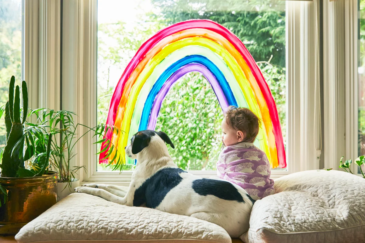 A baby sitting in a windowsill under a rainbow painted on the window with her dog