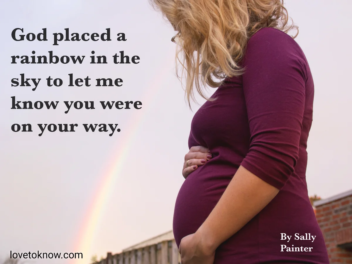 Pregnant woman and rainbow in the sky with an baby rainbow quote