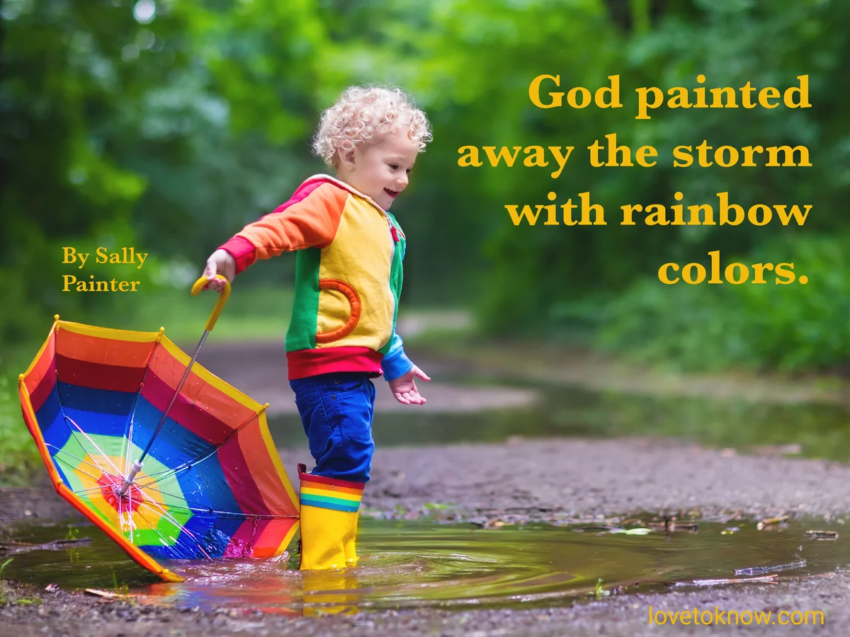 Child with colorful rainbow umbrella playing in the rain and rainbow baby image quote