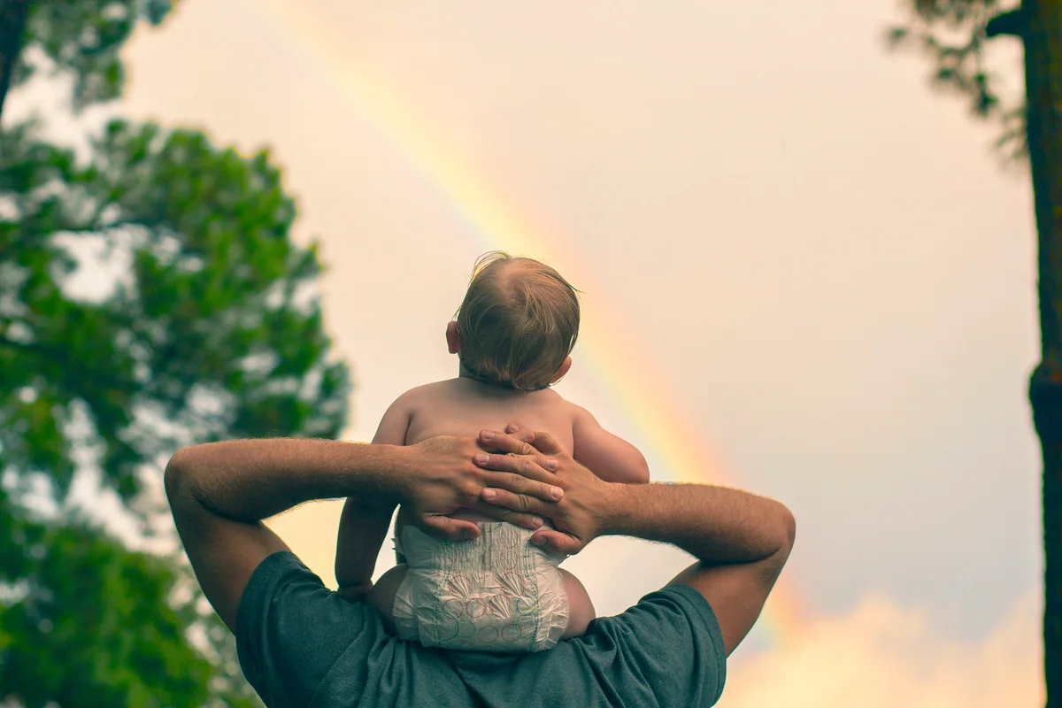 Rear view father carrying son on shoulders while looking at rainbow