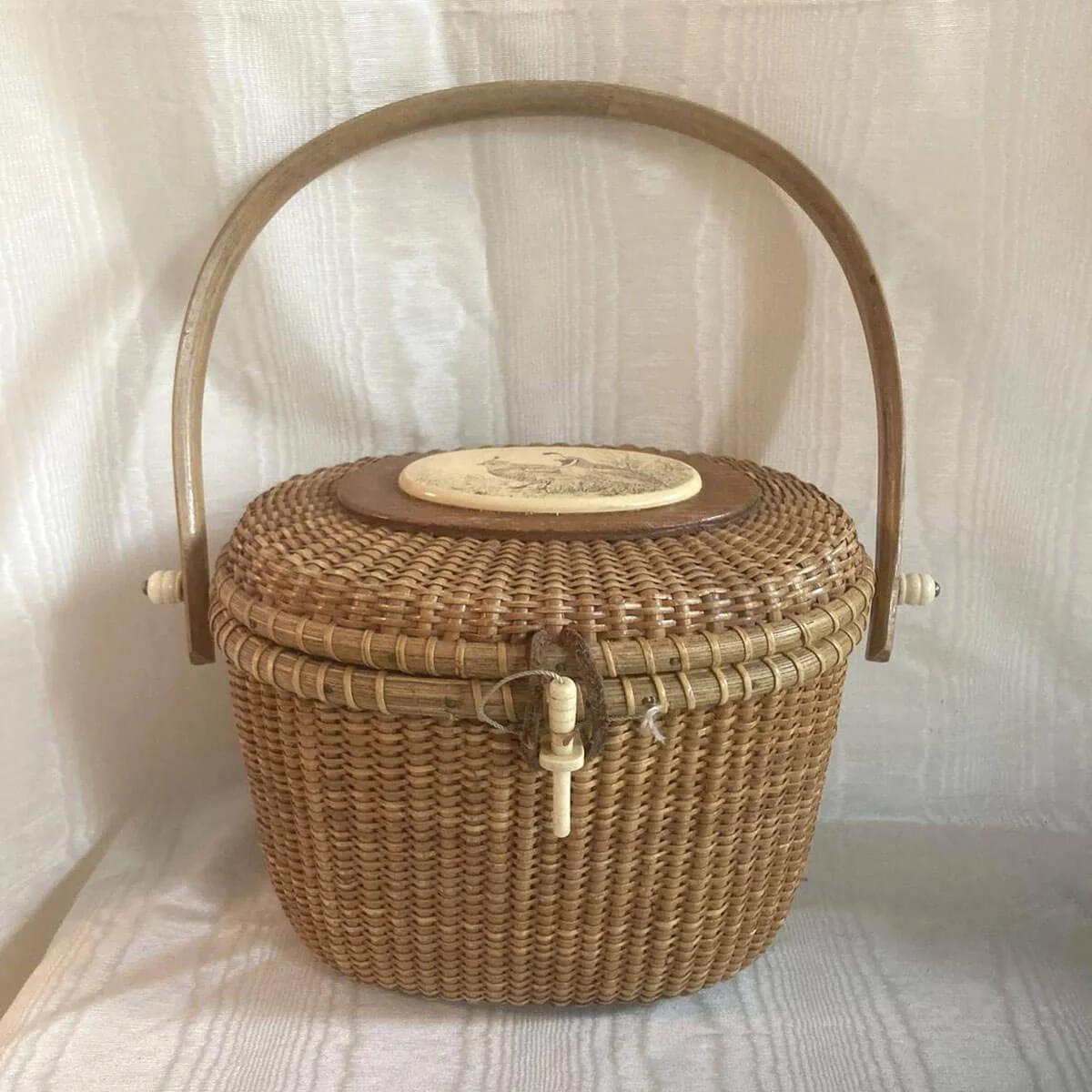 Nantucket Lightship Basket/ Purse/ Made in USA/ Signed Barlow/ Schrimshaw/ Partridges on Oval/ Made to Use, but Great Beach House Decor Item