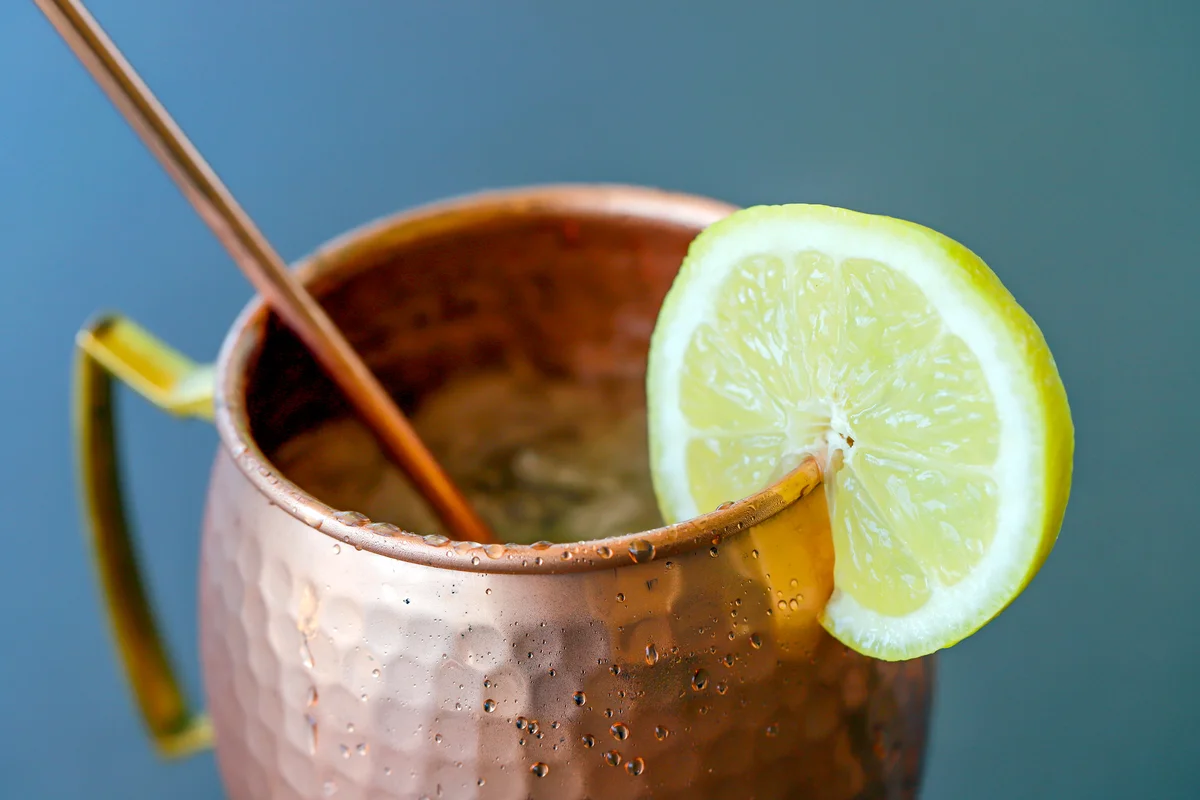 Moscow Mule, refreshing drink made with vodka, ginger beer and citrus juice, served in a copper mug