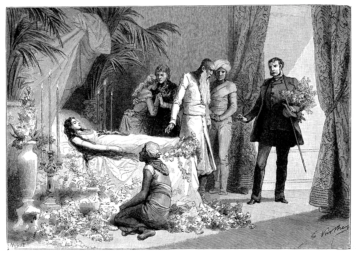 Antique illustration of woman funeral