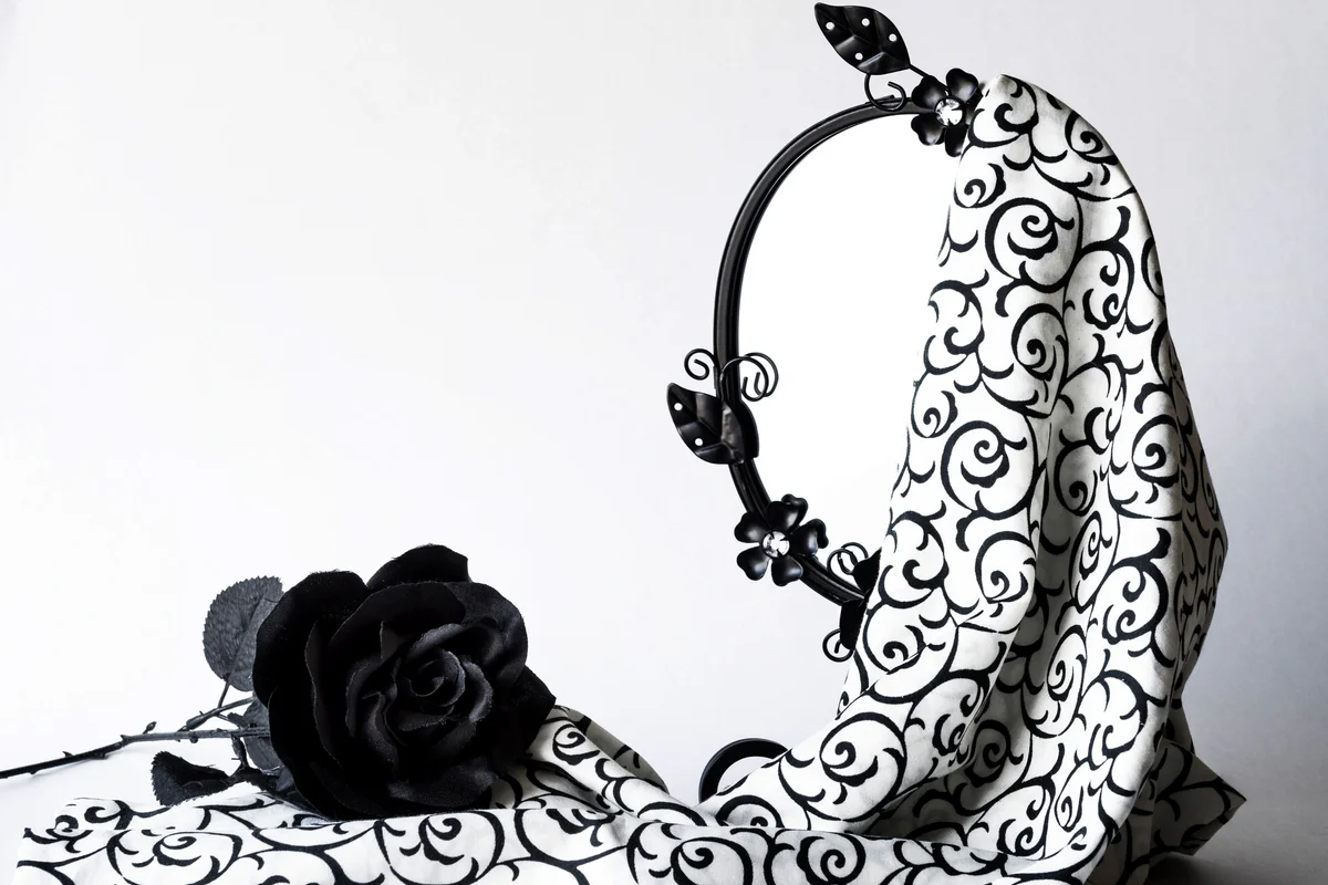 Black Mirror with rose on white background