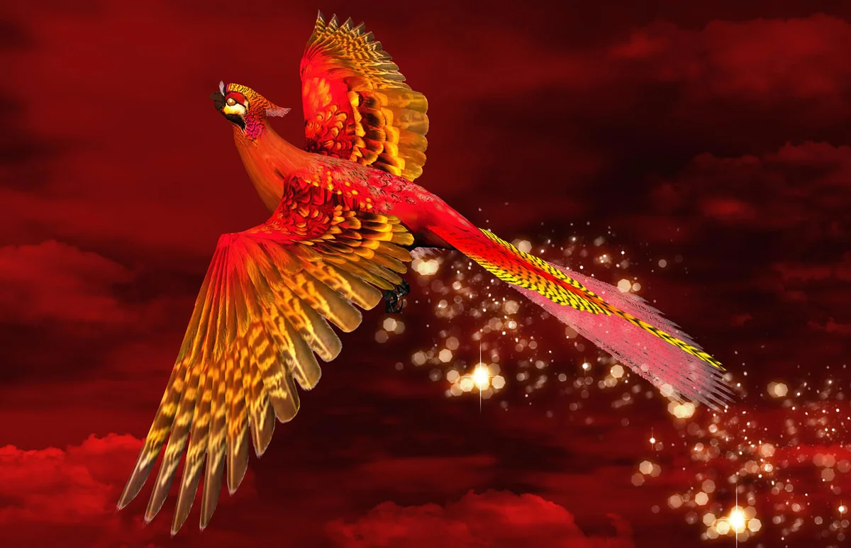 Legendary phoenix flying through a burning red sky