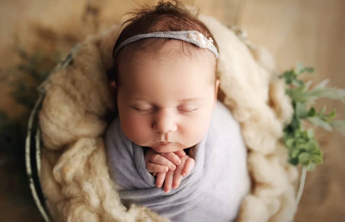 Newborn Baby Girl Swaddled in Prop Basket