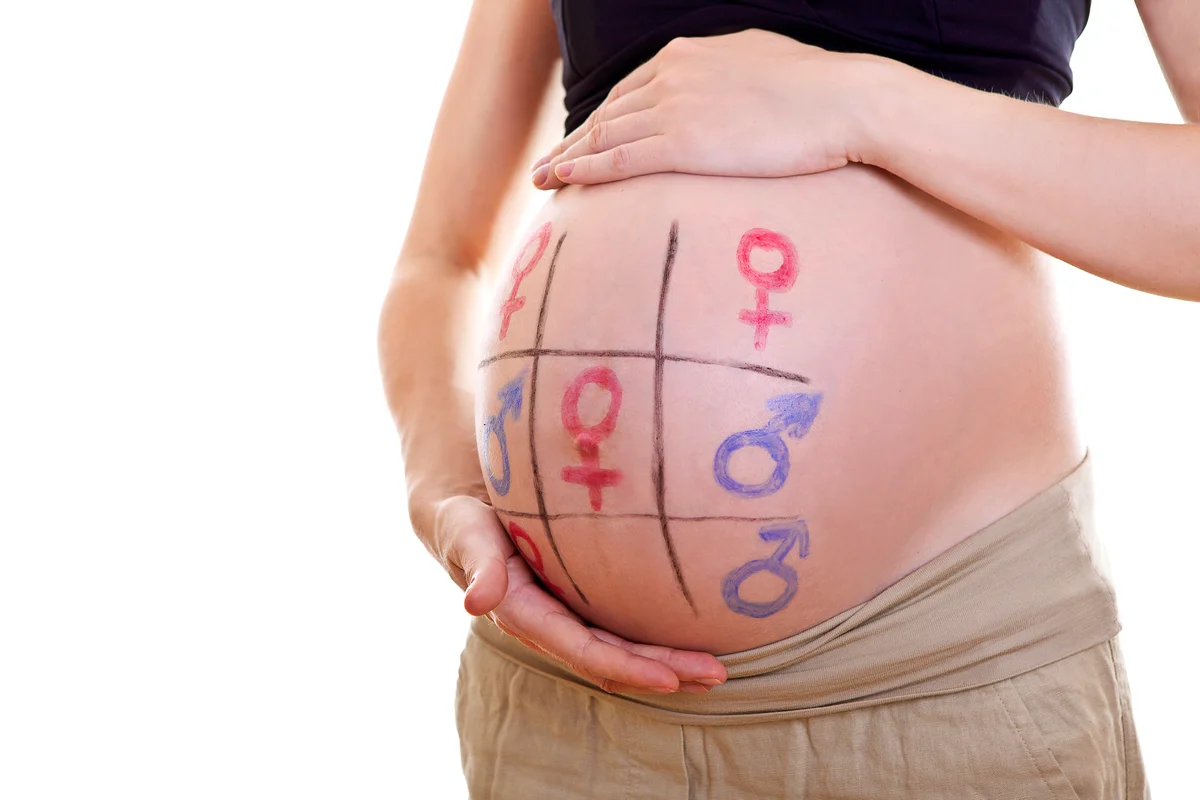 Pregnant woman's belly with Mars and Venus symbols in naughts and crosses forecast