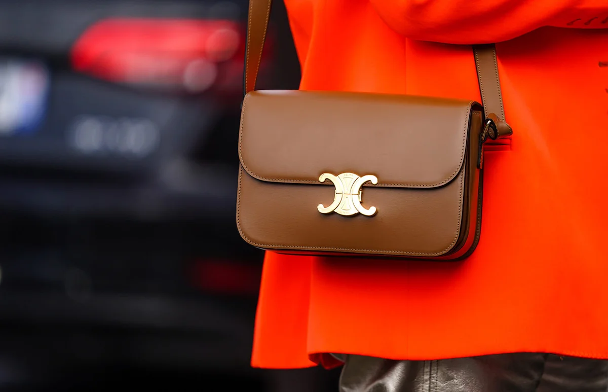 A brown leather bag is seen, outside Akris, during Paris Fashion Week  | Getty Editorial Use