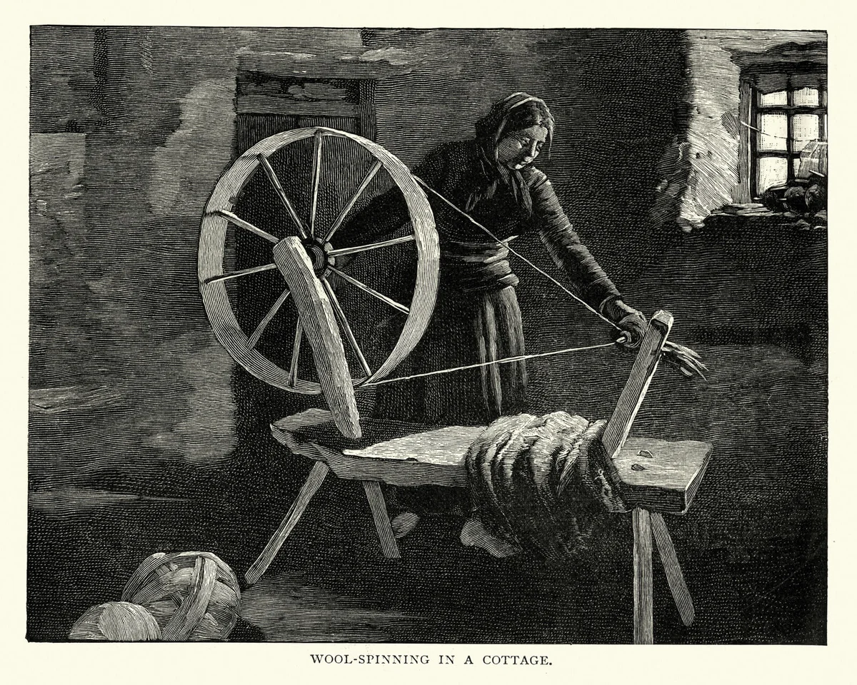 Vintage engraving of a Irish woman spinning wool, Lismore, Ireland, 19th Century