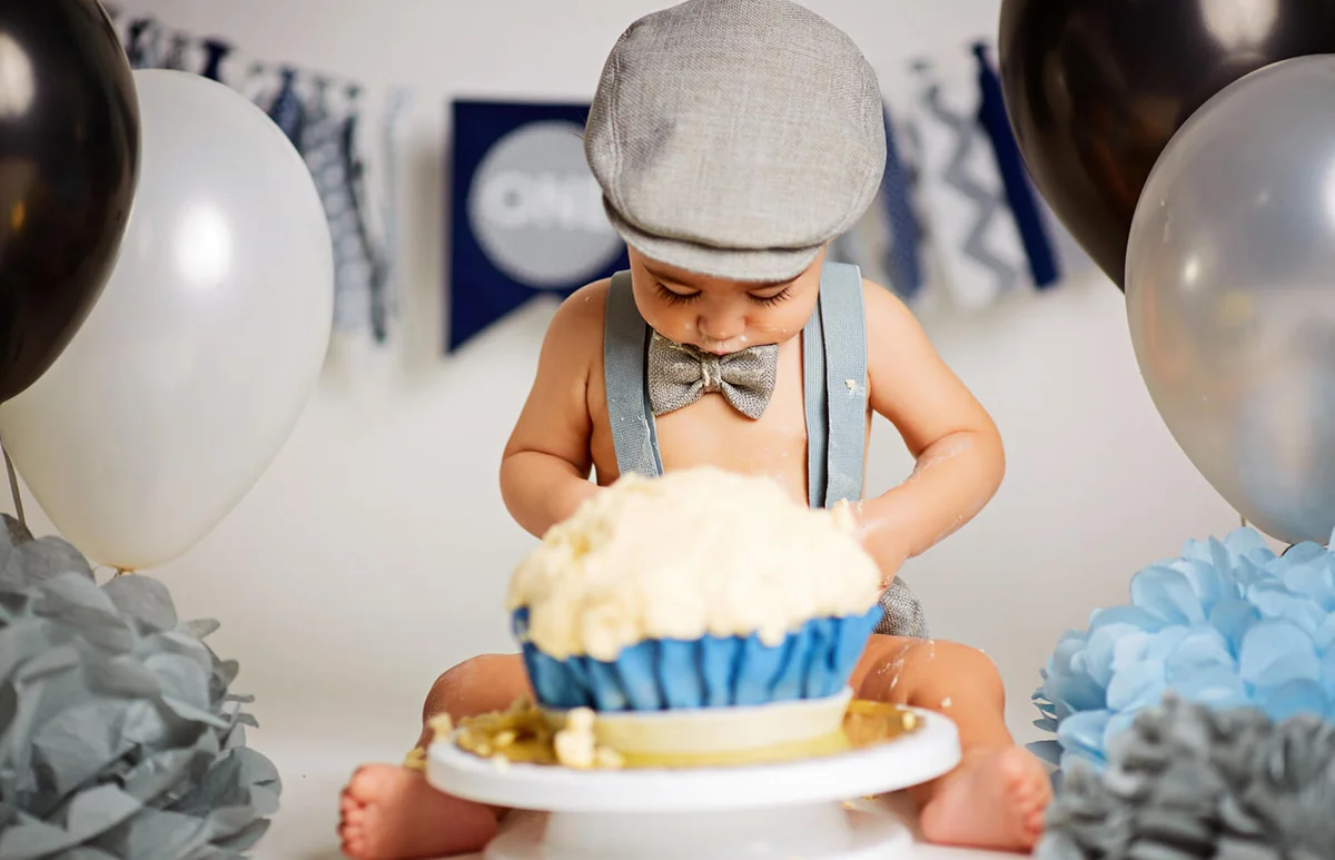 Cute Adorable First Birthday With Gourmet Cake Letters One And Balloons Cake Smash In