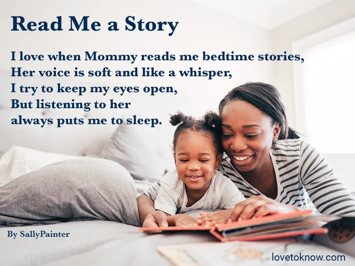 Mom and daughter reading in bed and poem