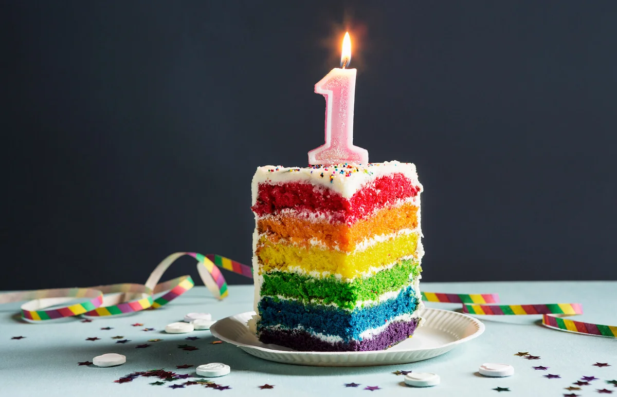 Still life of cake with candle number 1 on top