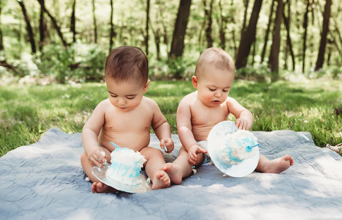 Twin Brothers Smash Cake Wearing Only Diapers on Their First Birthdays