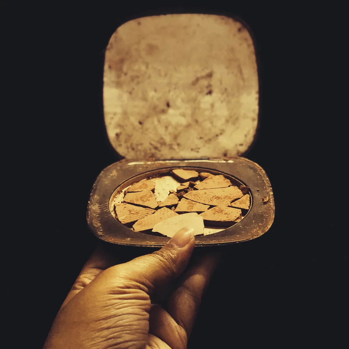 Hand holding a broken makeup compact