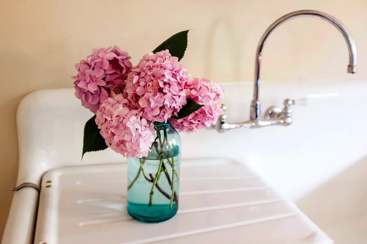 Pink hydrangea arrangement on a kitchen sink