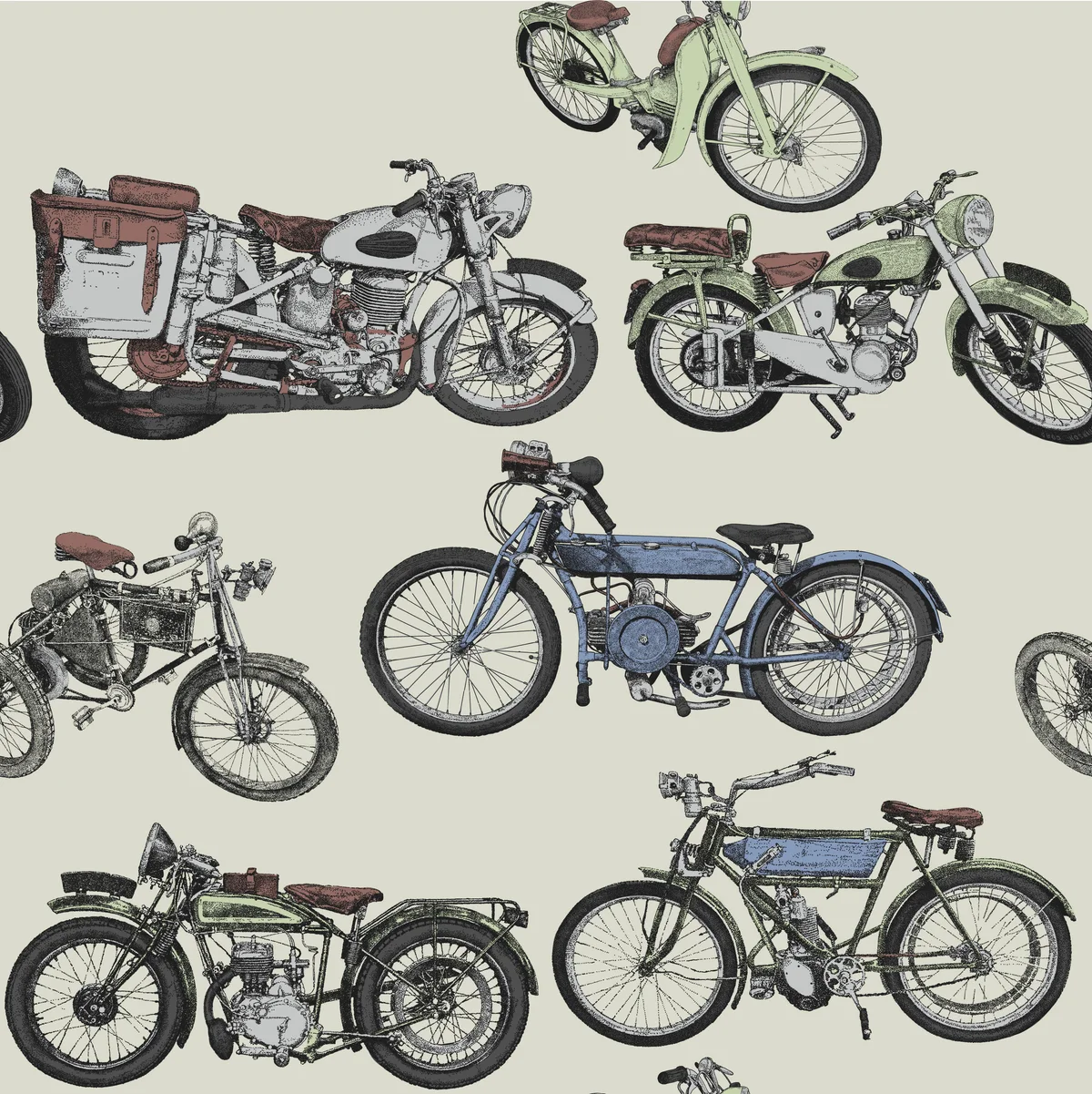 Drawing of group of vintage motorcycle